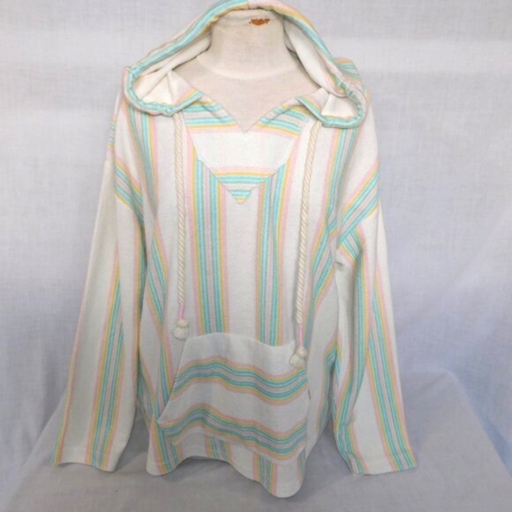 Bloom + Pop Terry Boho Hoodie Pullover Pastel Striped Kangaroo pocket Womens M